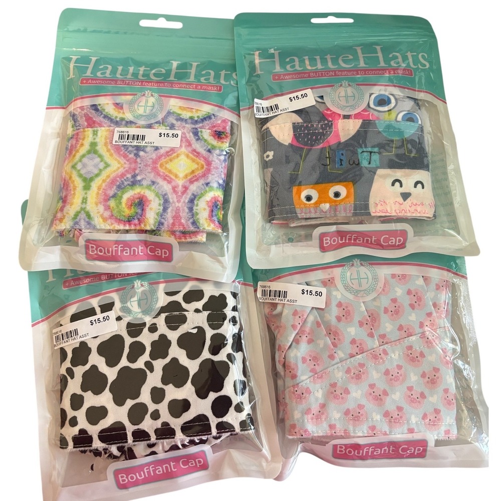 Haute Hats Bouffant Cap Set of 4 Buttons for Mask Cotton Scrub Hat Animal Prints